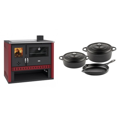 Set Küchenofen / Küchenhexe Prity GT Rot, mit Glaskeramik-Kochfeld, Leistung 15 kW + Gusseisen Topf Set aus 3 teilen Solagio, Black Onyx - Kaminofen - Holzofen mit Backfach