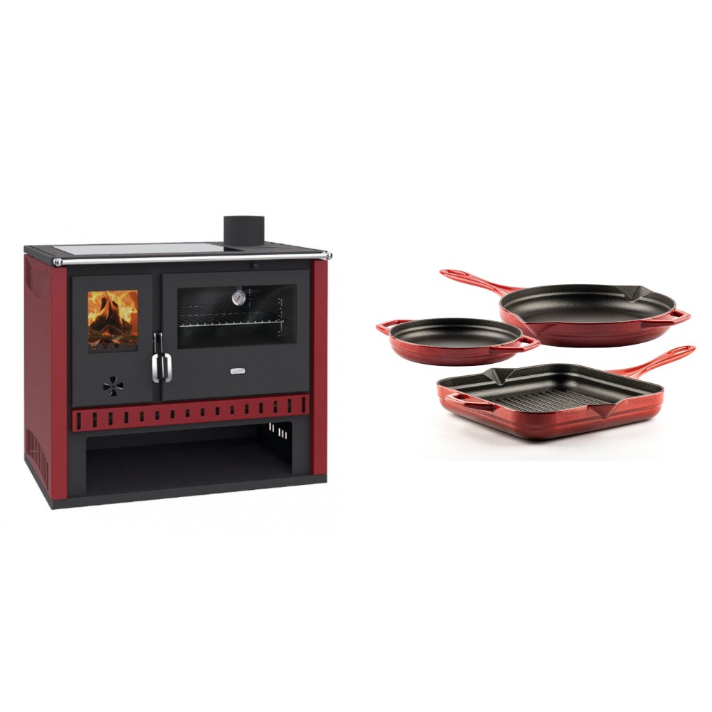 Set Küchenofen / Küchenhexe Prity GT Rot, mit Glaskeramik-Kochfeld, Leistung 15 kW + Gusseisen Topf Set aus 3 teilen Solagio, Rubin