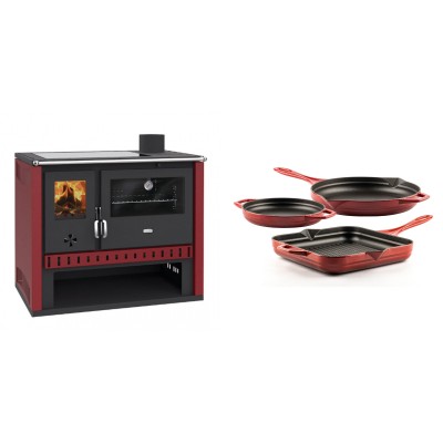 Set Küchenofen / Küchenhexe Prity GT Rot, mit Glaskeramik-Kochfeld, Leistung 15 kW + Gusseisen Topf Set aus 3 teilen Solagio, Rubin - Kaminofen - Holzofen mit Backfach