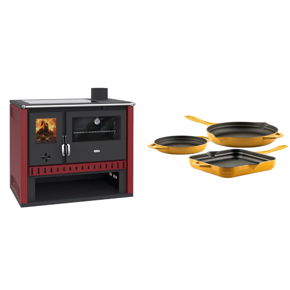 Set Küchenofen / Küchenhexe Prity GT Rot, mit Glaskeramik-Kochfeld, Leistung 15 kW + Gusseisen Topf Set aus 3 teilen Solagio, Dijon