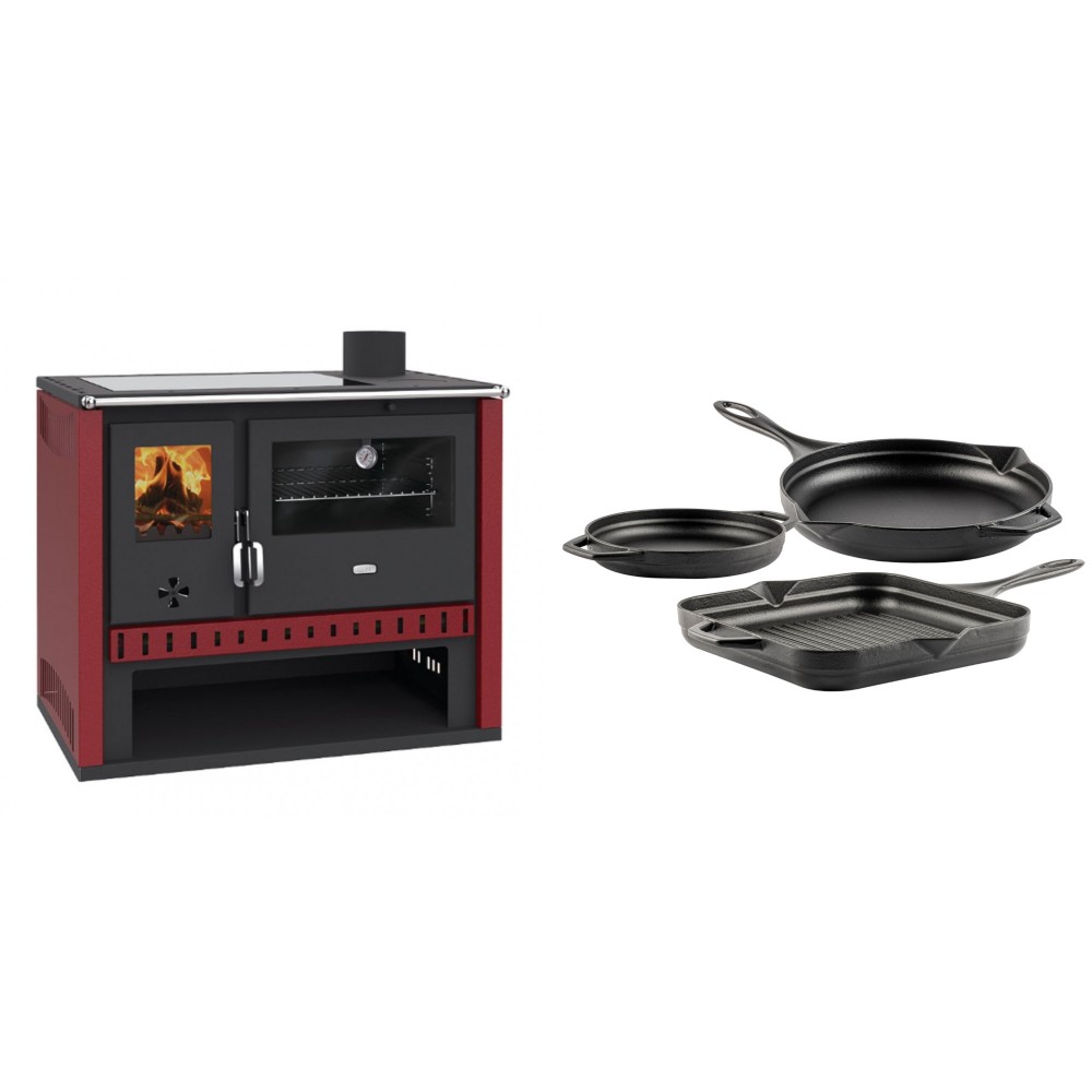 Set Küchenofen / Küchenhexe Prity GT Rot, mit Glaskeramik-Kochfeld, Leistung 15 kW + Gusseisen Topf Set aus 3 teilen Solagio, Black Onyx | Kaminofen - Holzofen mit Backfach | Kaminofen |