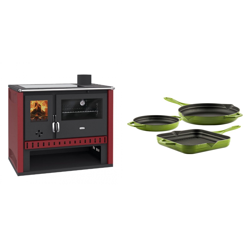 Set Küchenofen / Küchenhexe Prity GT Rot, mit Glaskeramik-Kochfeld, Leistung 15 kW + Gusseisen Topf Set aus 3 teilen Solagio, Bamboo | Kaminofen - Holzofen mit Backfach | Kaminofen |