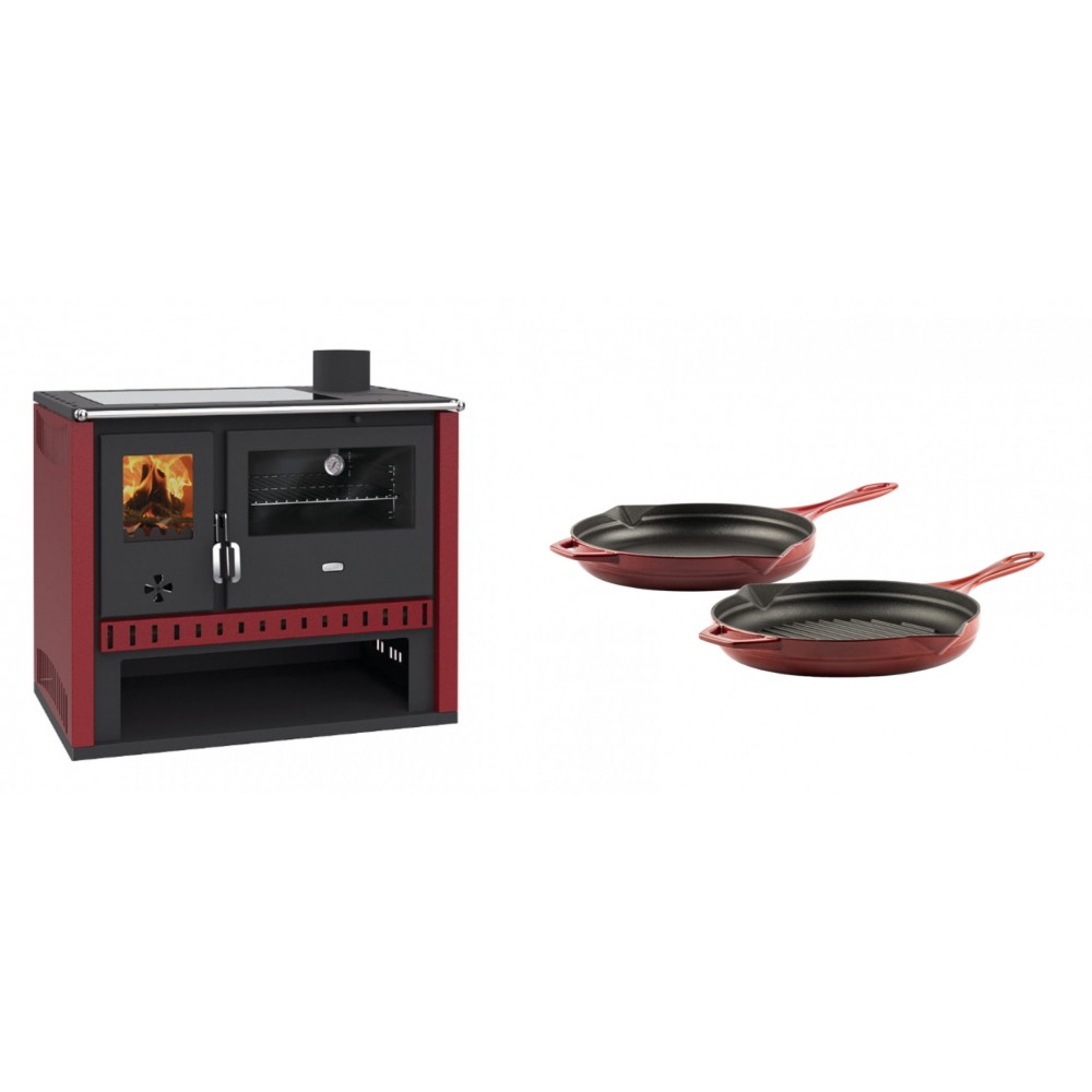 Set Küchenofen / Küchenhexe Prity GT Rot, mit Glaskeramik-Kochfeld, Leistung 15 kW + Gusseisen Topf Set aus 2 teilen Solagio, Rubin | Kaminofen - Holzofen mit Backfach | Kaminofen |