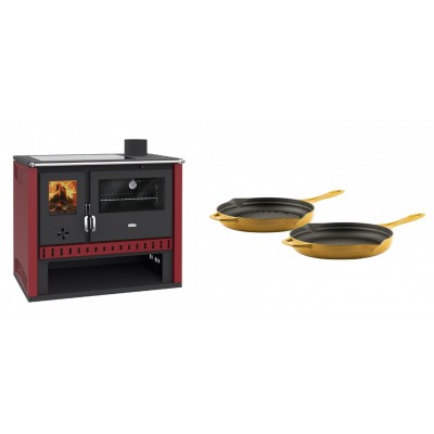 Set Küchenofen / Küchenhexe Prity GT Rot, mit Glaskeramik-Kochfeld, Leistung 15 kW + Gusseisen Topf Set aus 2 teilen Solagio, Dijon - Kaminofen - Holzofen mit Backfach