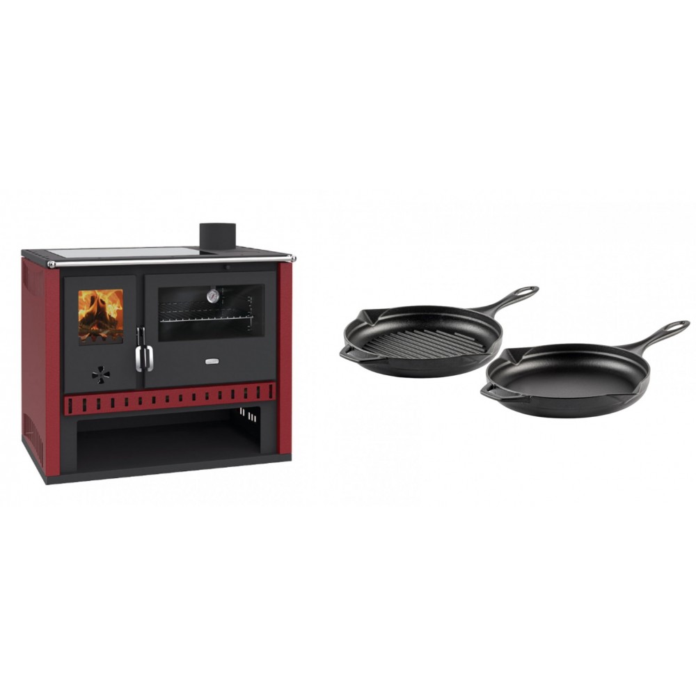 Set Küchenofen / Küchenhexe Prity GT Rot, mit Glaskeramik-Kochfeld, Leistung 15 kW + Gusseisen Topf Set aus 2 teilen Solagio, Black Onyx | Kaminofen - Holzofen mit Backfach | Kaminofen |