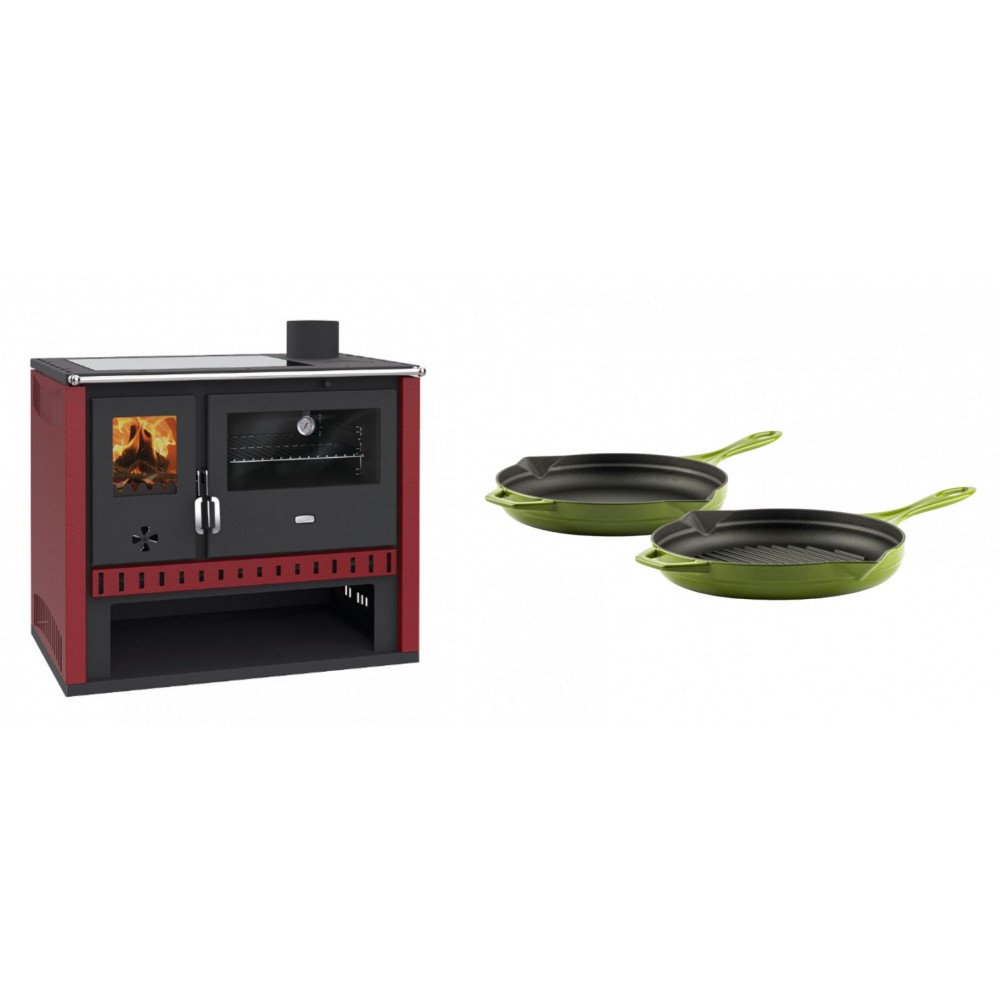 Set Küchenofen / Küchenhexe Prity GT Rot, mit Glaskeramik-Kochfeld, Leistung 15 kW + Gusseisen Topf Set aus 2 teilen Solagio, Bamboo