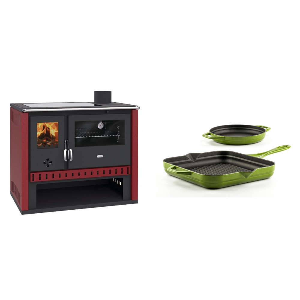 Set Küchenofen / Küchenhexe Prity GT Rot, mit Glaskeramik-Kochfeld, Leistung 15 kW + Gusseisen Topf Set aus 2 teilen Solagio, Bamboo