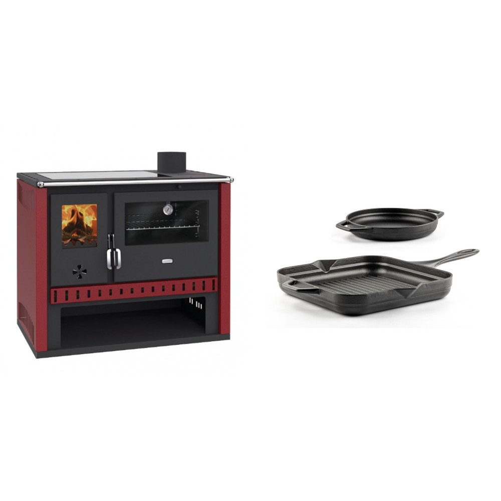 Set Küchenofen / Küchenhexe Prity GT Rot, mit Glaskeramik-Kochfeld, Leistung 15 kW + Gusseisen Topf Set aus 2 teilen Solagio, Black Onyx | Kaminofen - Holzofen mit Backfach | Kaminofen |