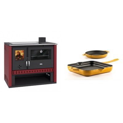 Set Küchenofen / Küchenhexe Prity GT Rot, mit Glaskeramik-Kochfeld, Leistung 15 kW + Gusseisen Topf Set aus 2 teilen Solagio, Dijon - Kaminofen - Holzofen mit Backfach