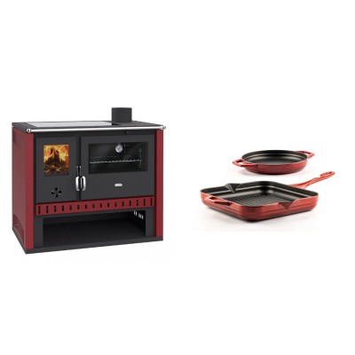 Set Küchenofen / Küchenhexe Prity GT Rot, mit Glaskeramik-Kochfeld, Leistung 15 kW + Gusseisen Topf Set aus 2 teilen Solagio, Rubin - Kaminofen - Holzofen mit Backfach