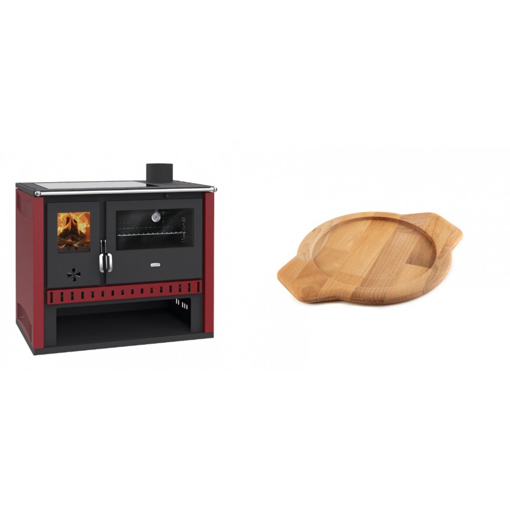 Set Küchenofen / Küchenhexe Prity GT Rot, mit Glaskeramik-Kochfeld, Leistung 15 kW + Holz untersetzer für gusseisenschüssel Solagio HSYKTV22