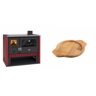 Set Küchenofen / Küchenhexe Prity GT Rot, mit Glaskeramik-Kochfeld, Leistung 15 kW + Holz untersetzer für gusseisenschüssel Solagio HSYKTV22 - Kaminofen - Holzofen mit Backfach