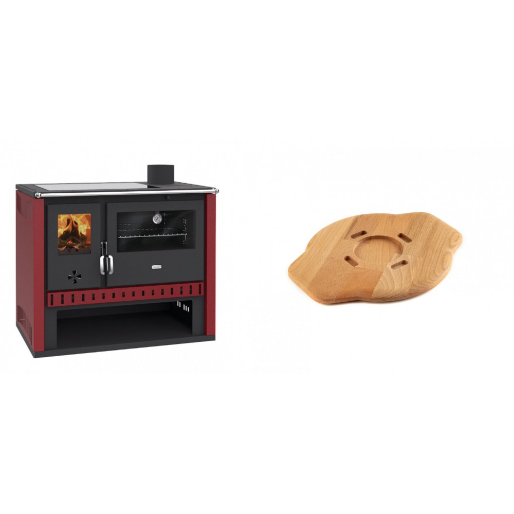 Set Küchenofen / Küchenhexe Prity GT Rot, mit Glaskeramik-Kochfeld, Leistung 15 kW + Holz untersetzer für gusseisenplatte Solagio HSYSAK20 | Kaminofen - Holzofen mit Backfach | Kaminofen |
