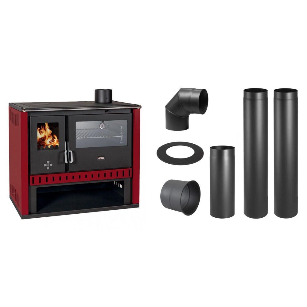 Set Küchenofen / Küchenhexe Prity GT Rot, mit Edelstahl-Backofen, Leistung 15 kW + Schornstein Bausatz PARKANEX, Stahl Ø150, Dicke 2mm