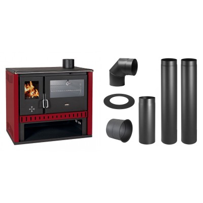 Set Küchenofen / Küchenhexe Prity GT Rot, mit Edelstahl-Backofen, Leistung 15 kW + Schornstein Bausatz PARKANEX, Stahl Ø150, Dicke 2mm - Kaminofen - Holzofen mit Backfach