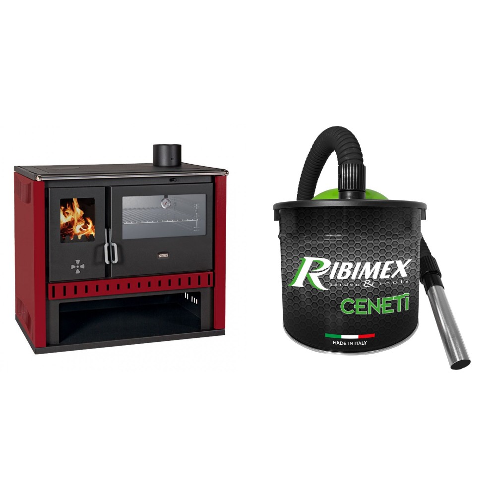 Set Küchenofen / Küchenhexe Prity GT Rot, mit Edelstahl-Backofen, Leistung 15 kW + Elektrischer Aschesauger Ribimex, Modell Cenetì, Fassungsvermögen 15 L | Kaminofen - Holzofen mit Backfach | Prity |