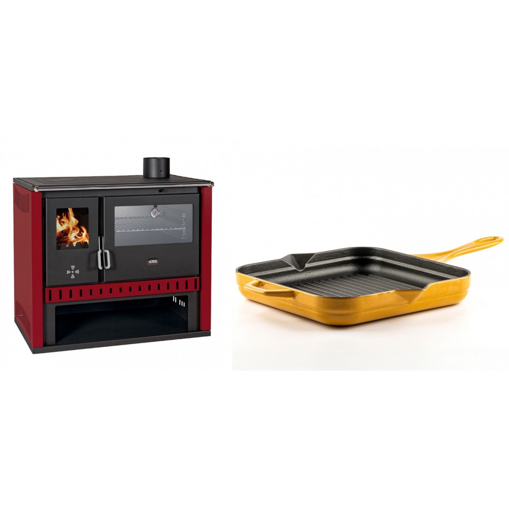 Set Küchenofen / Küchenhexe Prity GT Rot, mit Edelstahl-Backofen, Leistung 15 kW + Emaillierte grillpfanne Gusseisen Solagio, Dijon, 28х28cm | Kaminofen - Holzofen mit Backfach | Kaminofen |
