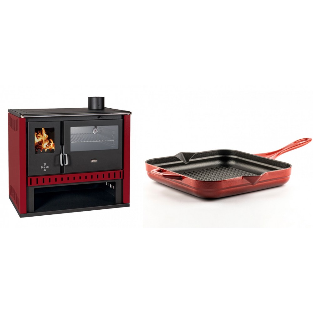 Set Küchenofen / Küchenhexe Prity GT Rot, mit Edelstahl-Backofen, Leistung 15 kW + Emaillierte grillpfanne Gusseisen Solagio, Rubin, 28x28cm | Kaminofen - Holzofen mit Backfach | Kaminofen |