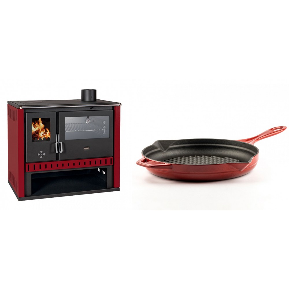 Set Küchenofen / Küchenhexe Prity GT Rot, mit Edelstahl-Backofen, Leistung 15 kW + Emaillierte grillpfanne Gusseisen Solagio, Rubin, Ф28cm | Kaminofen - Holzofen mit Backfach | Kaminofen |