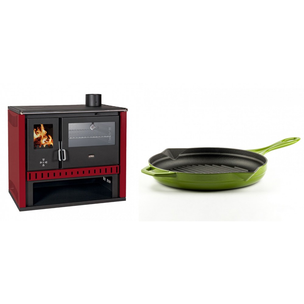 Set Küchenofen / Küchenhexe Prity GT Rot, mit Edelstahl-Backofen, Leistung 15 kW + Emaillierte grillpfanne Gusseisen Solagio, Bamboo, Ф28cm | Kaminofen - Holzofen mit Backfach | Kaminofen |