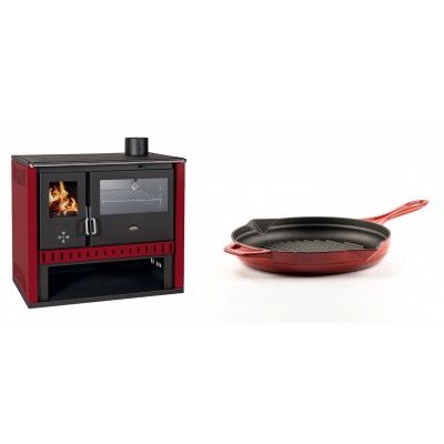 Set Küchenofen / Küchenhexe Prity GT Rot, mit Edelstahl-Backofen, Leistung 15 kW + Emaillierte grillpfanne Gusseisen Solagio, Rubin, Ф24cm - Kaminofen - Holzofen mit Backfach