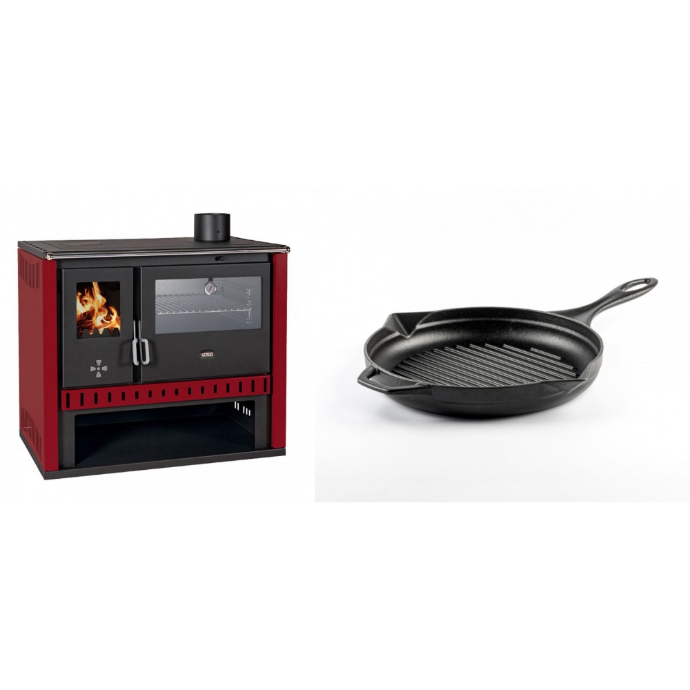 Set Küchenofen / Küchenhexe Prity GT Rot, mit Edelstahl-Backofen, Leistung 15 kW + Emaillierte grillpfanne Gusseisen Solagio, Black Onyx, Ф24cm | Kaminofen - Holzofen mit Backfach | Kaminofen |