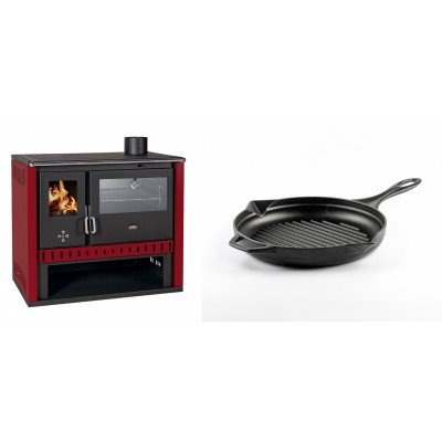 Set Küchenofen / Küchenhexe Prity GT Rot, mit Edelstahl-Backofen, Leistung 15 kW + Emaillierte grillpfanne Gusseisen Solagio, Black Onyx, Ф24cm - Kaminofen - Holzofen mit Backfach