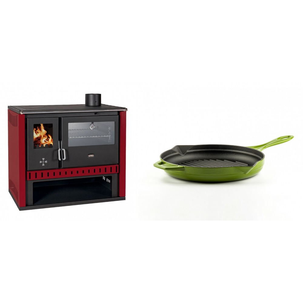 Set Küchenofen / Küchenhexe Prity GT Rot, mit Edelstahl-Backofen, Leistung 15 kW + Emaillierte grillpfanne Gusseisen Solagio, Bamboo, Ф24cm | Kaminofen - Holzofen mit Backfach | Kaminofen |