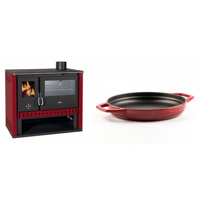 Set Küchenofen / Küchenhexe Prity GT Rot, mit Edelstahl-Backofen, Leistung 15 kW + Emaillierte gusseisenpfanne mit zwei Griffen Solagio, Rubin, Ф22cm - Kaminofen - Holzofen mit Backfach