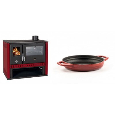 Set Küchenofen / Küchenhexe Prity GT Rot, mit Edelstahl-Backofen, Leistung 15 kW + Emaillierte gusseisenpfanne mit zwei Griffen Solagio, Rubin, Ф19cm - Kaminofen - Holzofen mit Backfach