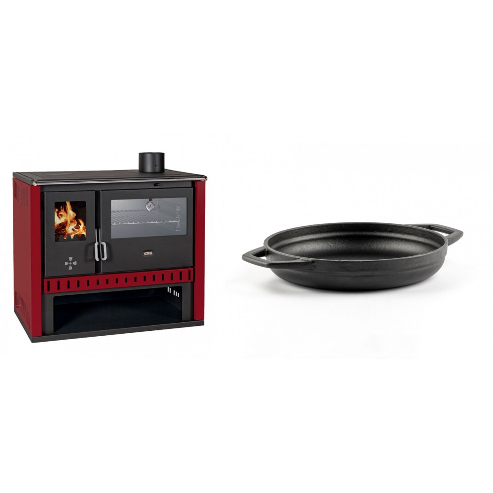 Set Küchenofen / Küchenhexe Prity GT Rot, mit Edelstahl-Backofen, Leistung 15 kW + Emaillierte gusseisenpfanne mit zwei Griffen Solagio, Black Onyx, Ф19cm | Kaminofen - Holzofen mit Backfach | Kaminofen |