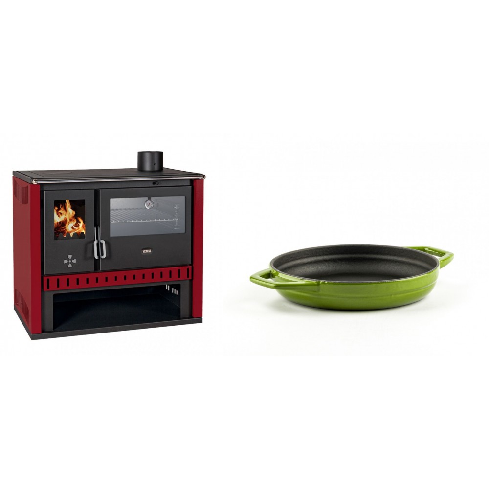 Set Küchenofen / Küchenhexe Prity GT Rot, mit Edelstahl-Backofen, Leistung 15 kW + Emaillierte gusseisenpfanne mit zwei Griffen Solagio, Bamboo, Ф16cm | Kaminofen - Holzofen mit Backfach | Kaminofen |