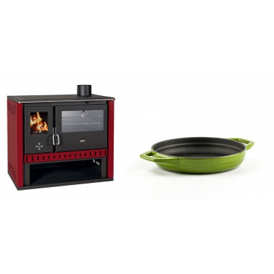 Set Küchenofen / Küchenhexe Prity GT Rot, mit Edelstahl-Backofen, Leistung 15 kW + Emaillierte gusseisenpfanne mit zwei Griffen Solagio, Bamboo, Ф16cm - Kaminofen - Holzofen mit Backfach