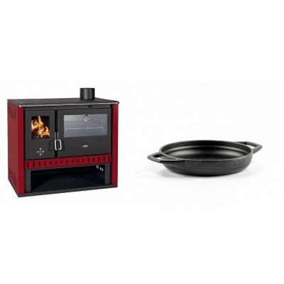 Set Küchenofen / Küchenhexe Prity GT Rot, mit Edelstahl-Backofen, Leistung 15 kW + Emaillierte gusseisenpfanne mit zwei Griffen Solagio, Black Onyx, Ф16cm - Kaminofen - Holzofen mit Backfach