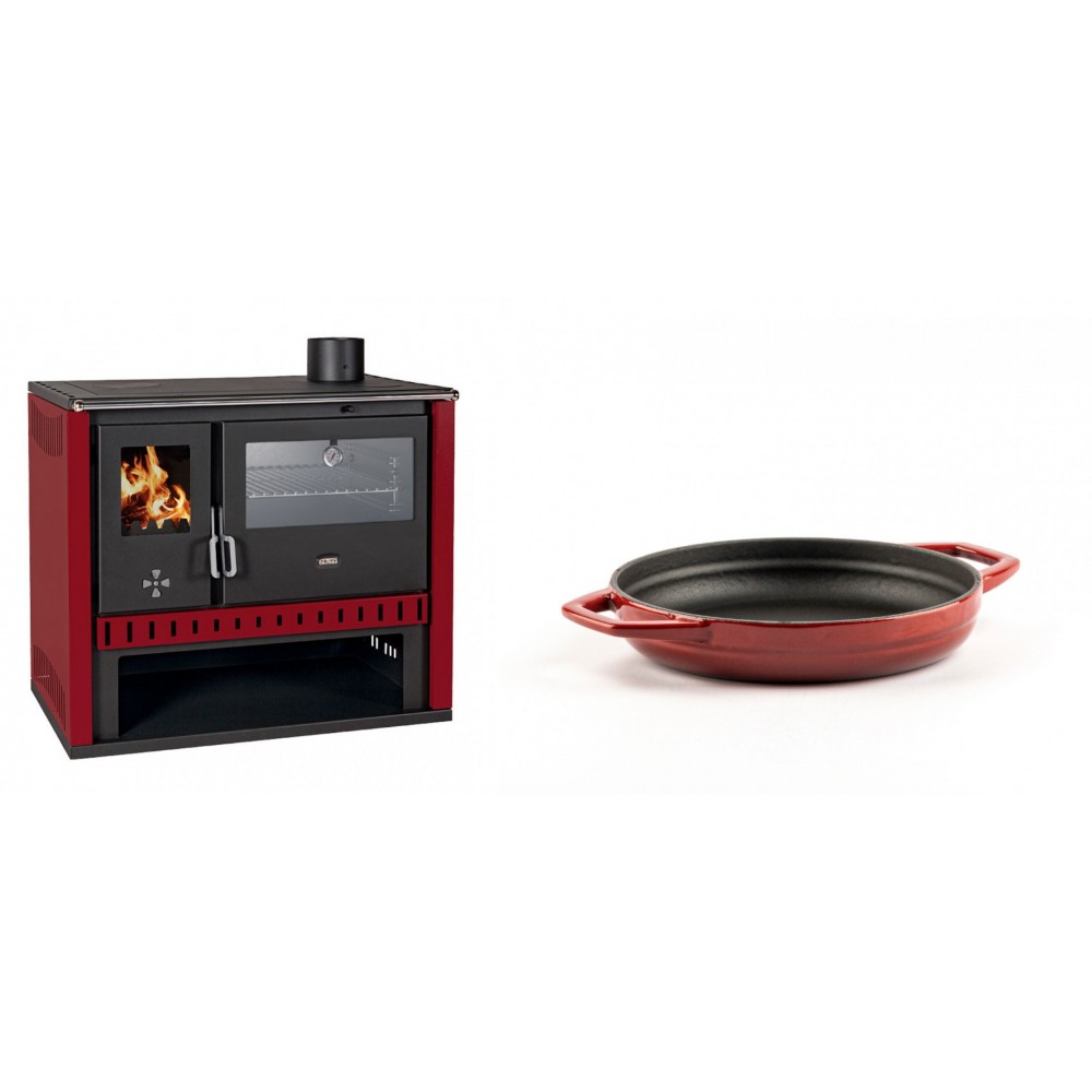 Set Küchenofen / Küchenhexe Prity GT Rot, mit Edelstahl-Backofen, Leistung 15 kW + Emaillierte gusseisenpfanne mit zwei Griffen Solagio, Rubin, Ф16cm | Kaminofen - Holzofen mit Backfach | Kaminofen |