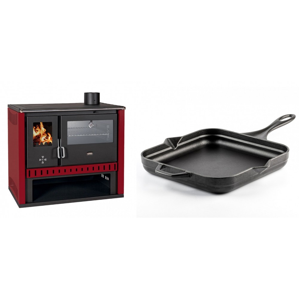 Set Küchenofen / Küchenhexe Prity GT Rot, mit Edelstahl-Backofen, Leistung 15 kW + Emaillierte Gusseisenpfanne Solagio, Black Onyx, 28x28cm | Kaminofen - Holzofen mit Backfach | Kaminofen |