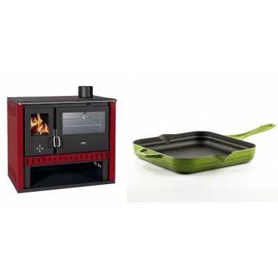 Set Küchenofen / Küchenhexe Prity GT Rot, mit Edelstahl-Backofen, Leistung 15 kW + Emaillierte Gusseisenpfanne Solagio, Bamboo, 28x28cm - Kaminofen - Holzofen mit Backfach