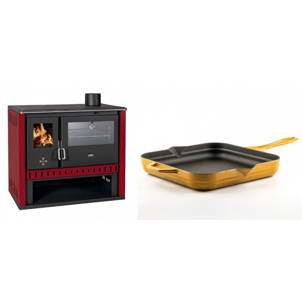 Set Küchenofen / Küchenhexe Prity GT Rot, mit Edelstahl-Backofen, Leistung 15 kW + Emaillierte Gusseisenpfanne Solagio, Dijon, 28x28cm
