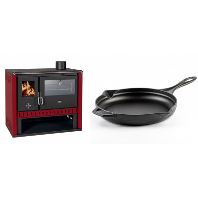 Set Küchenofen / Küchenhexe Prity GT Rot, mit Edelstahl-Backofen, Leistung 15 kW + Emaillierte Gusseisenpfanne Solagio, Black Onyx, Ф28cm - Kaminofen - Holzofen mit Backfach