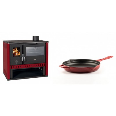 Set Küchenofen / Küchenhexe Prity GT Rot, mit Edelstahl-Backofen, Leistung 15 kW + Emaillierte Gusseisenpfanne Solagio, Rubin, Ф24cm - Kaminofen - Holzofen mit Backfach