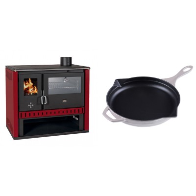 Set Küchenofen / Küchenhexe Prity GT Rot, mit Edelstahl-Backofen, Leistung 15 kW + Emaillierte Gusseisenpfanne Solagio, Ivory, Ф28cm - Kaminofen - Holzofen mit Backfach