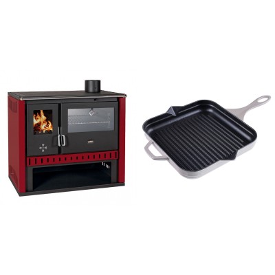 Set Küchenofen / Küchenhexe Prity GT Rot, mit Edelstahl-Backofen, Leistung 15 kW + Emaillierte grillpfanne Gusseisen Solagio, Ivory, 28x28cm - Kaminofen - Holzofen mit Backfach
