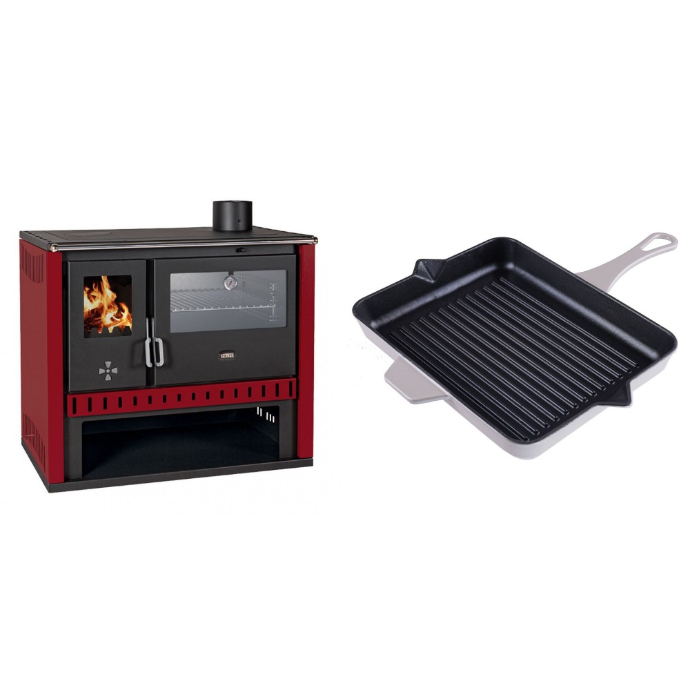 Set Küchenofen / Küchenhexe Prity GT Rot, mit Edelstahl-Backofen, Leistung 15 kW + Emaillierte grillpfanne Gusseisen Solagio, Ivory, 26x32cm