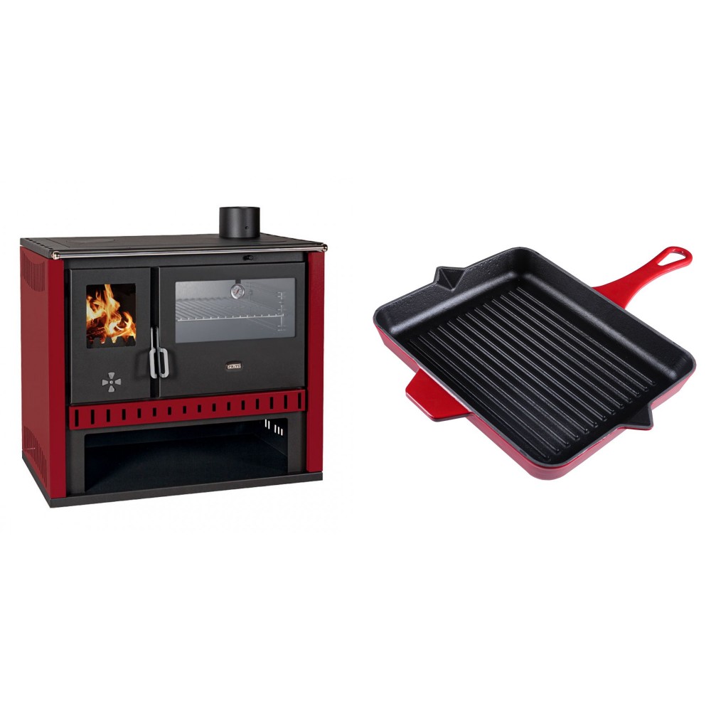 Set Küchenofen / Küchenhexe Prity GT Rot, mit Edelstahl-Backofen, Leistung 15 kW + Emaillierte grillpfanne Gusseisen Solagio, Rubin, 26x32cm