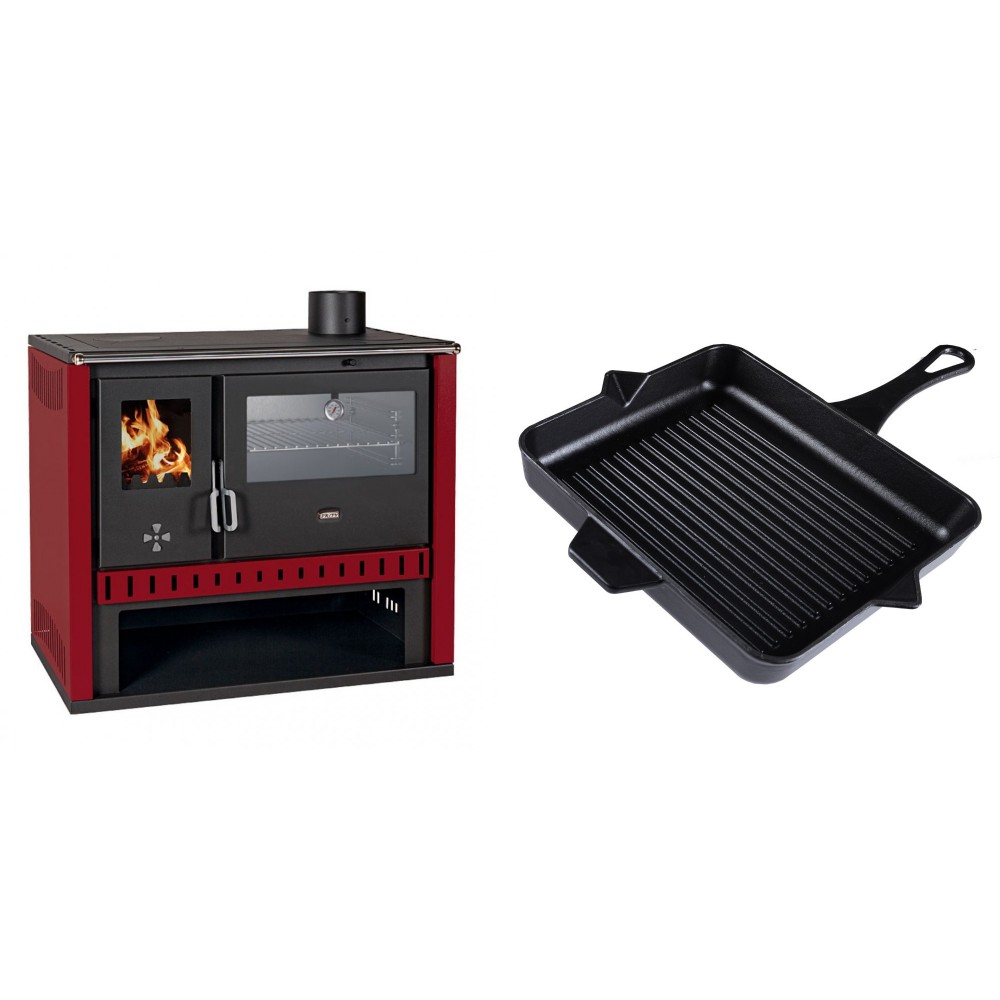 Set Küchenofen / Küchenhexe Prity GT Rot, mit Edelstahl-Backofen, Leistung 15 kW + Emaillierte grillpfanne Gusseisen Solagio, Black Onyx, 26x32cm | Kaminofen - Holzofen mit Backfach | Kaminofen |