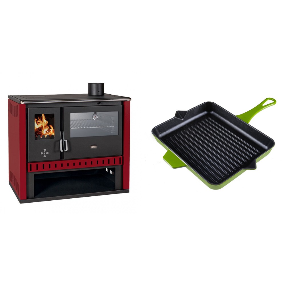 Set Küchenofen / Küchenhexe Prity GT Rot, mit Edelstahl-Backofen, Leistung 15 kW + Emaillierte grillpfanne Gusseisen Solagio, Bamboo, 26x32cm | Kaminofen - Holzofen mit Backfach | Kaminofen |