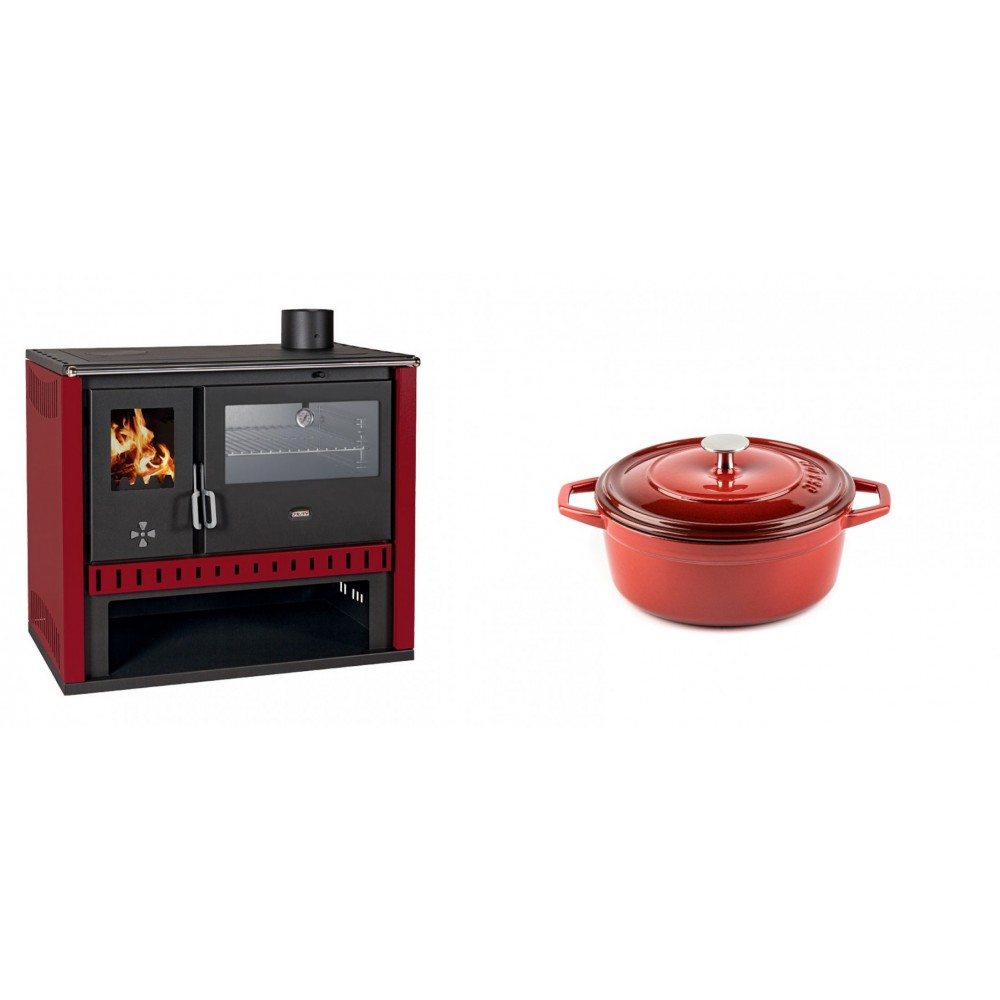 Set Küchenofen / Küchenhexe Prity GT Rot, mit Edelstahl-Backofen, Leistung 15 kW + Gusseisen Topf Tiefer Solagio, Rubin, Ф12