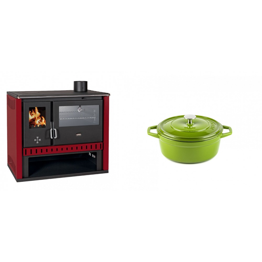 Set Küchenofen / Küchenhexe Prity GT Rot, mit Edelstahl-Backofen, Leistung 15 kW + Gusseisen Topf Tiefer Solagio, Bamboo, Ф12 | Kaminofen - Holzofen mit Backfach | Kaminofen |