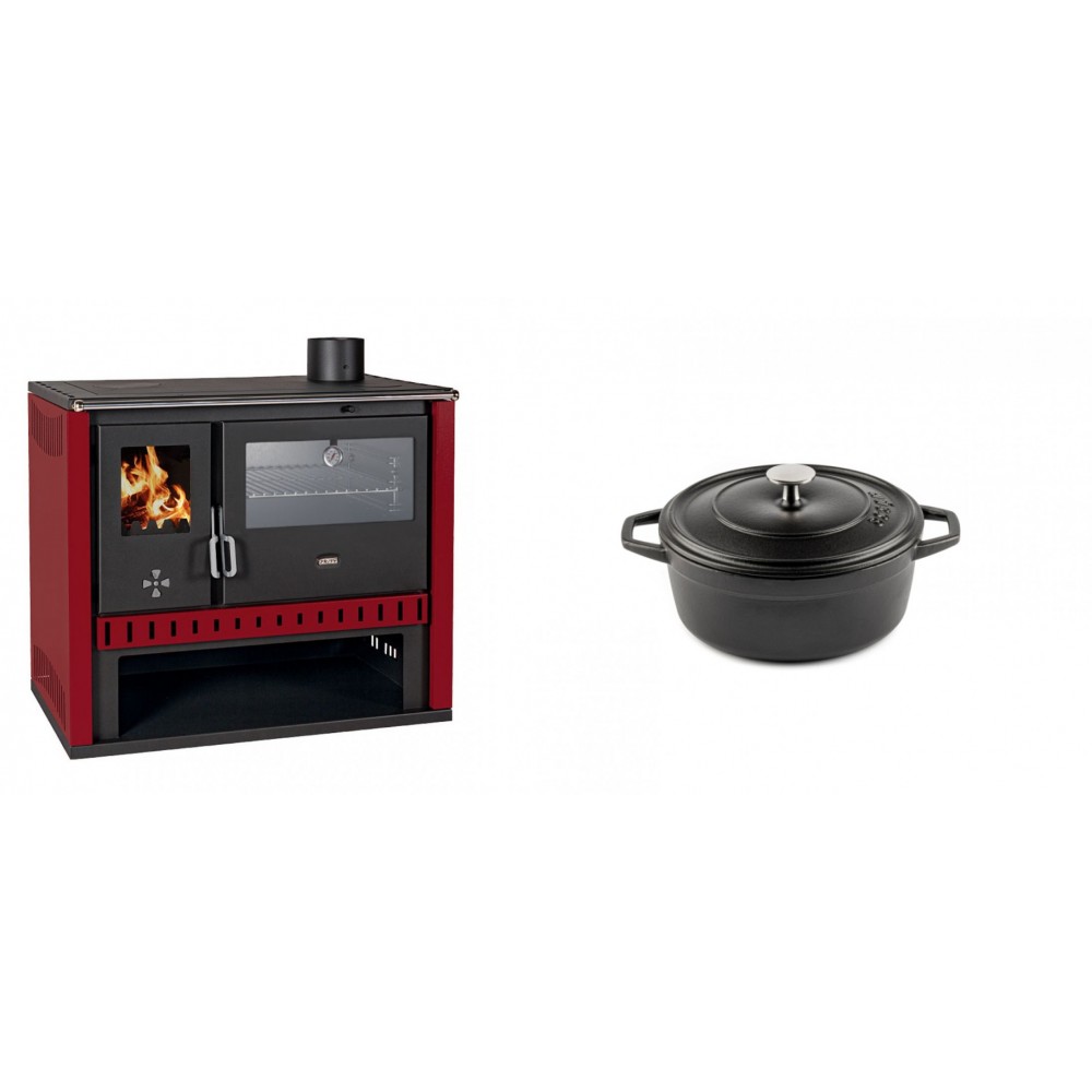 Set Küchenofen / Küchenhexe Prity GT Rot, mit Edelstahl-Backofen, Leistung 15 kW + Gusseisen Topf Tiefer Solagio, Black Onyx, Ф12