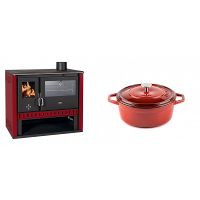 Set Küchenofen / Küchenhexe Prity GT Rot, mit Edelstahl-Backofen, Leistung 15 kW + Gusseisen Topf Tiefer Solagio, Rubin, Ф20 - Kaminofen - Holzofen mit Backfach